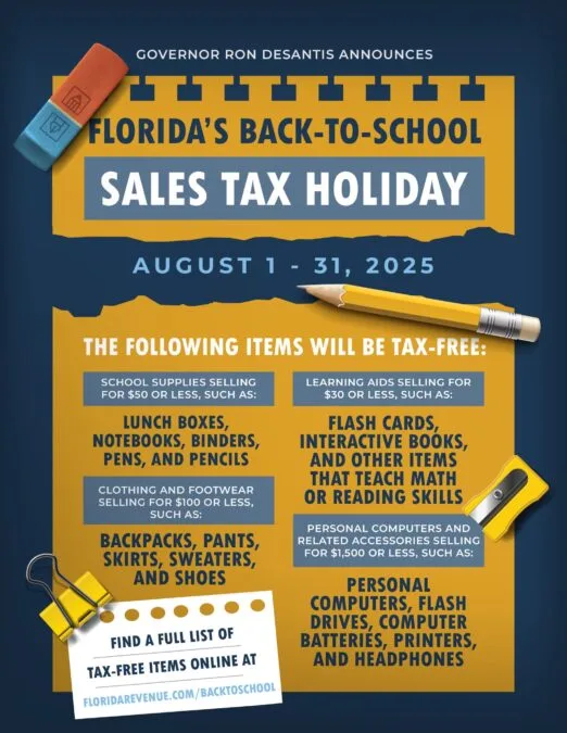 Florida Back to School Sales Tax Holiday is August 1-21, 2025